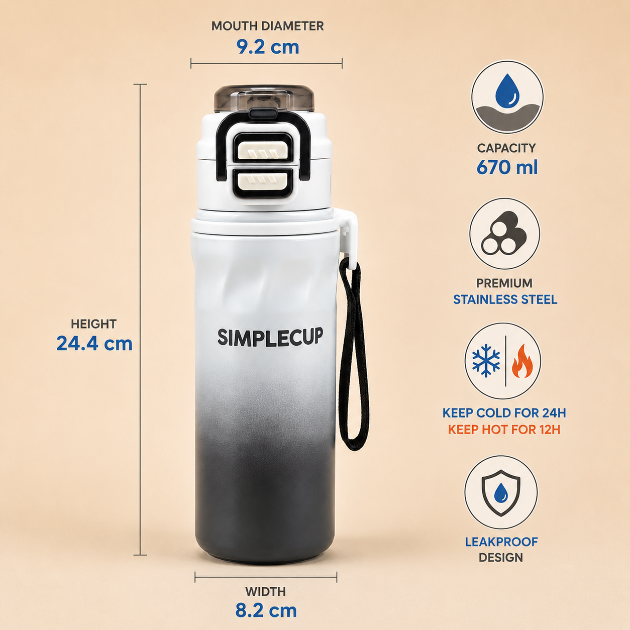 SIMPLECUP 670ml Double Wall Vacuum Insulated Stainless Steel Water Bottle with One-Touch Flip Lid, Lock Handle & Carry Strap | Leakproof BPA-Free Sports Bottle for Gym, Office & Travel