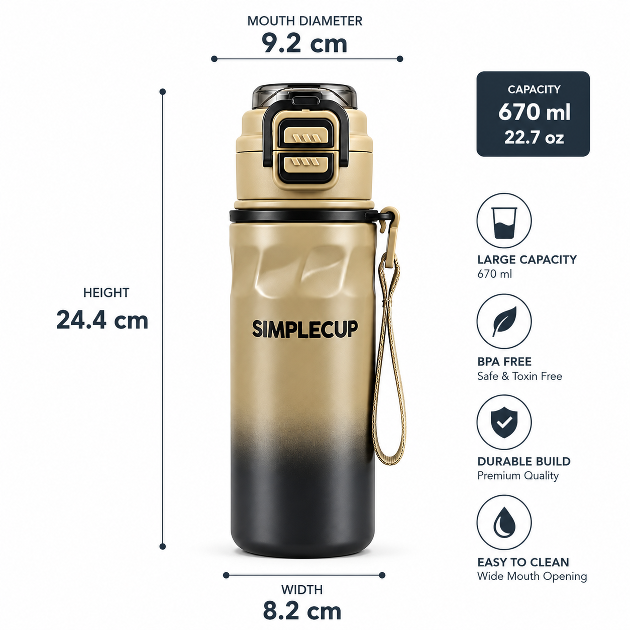 SIMPLECUP 670ml Double Wall Vacuum Insulated Stainless Steel Water Bottle with One-Touch Flip Lid, Lock Handle & Carry Strap | Leakproof BPA-Free Sports Bottle for Gym, Office & Travel