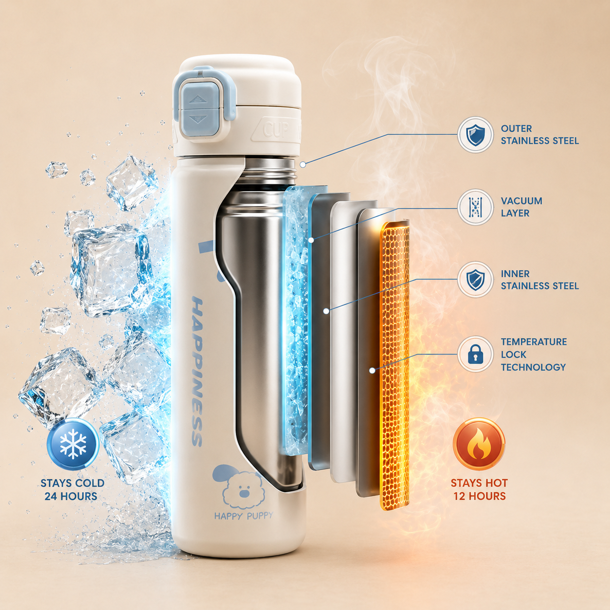 680ml Kids Stainless Steel Vacuum Insulated Water Bottle | Double Wall Thermos Flask | Leakproof One-Touch Lock Lid | BPA Free Food Grade Steel| Hot & Cold Insulated Bottle for School, Travel & Outdoor