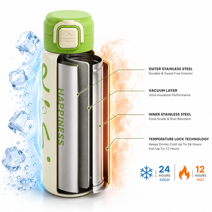 680ml Kids Stainless Steel Vacuum Insulated Water Bottle | Double Wall Thermos Flask | Leakproof One-Touch Lock Lid | BPA Free Food Grade Steel| Hot & Cold Insulated Bottle for School, Travel & Outdoor