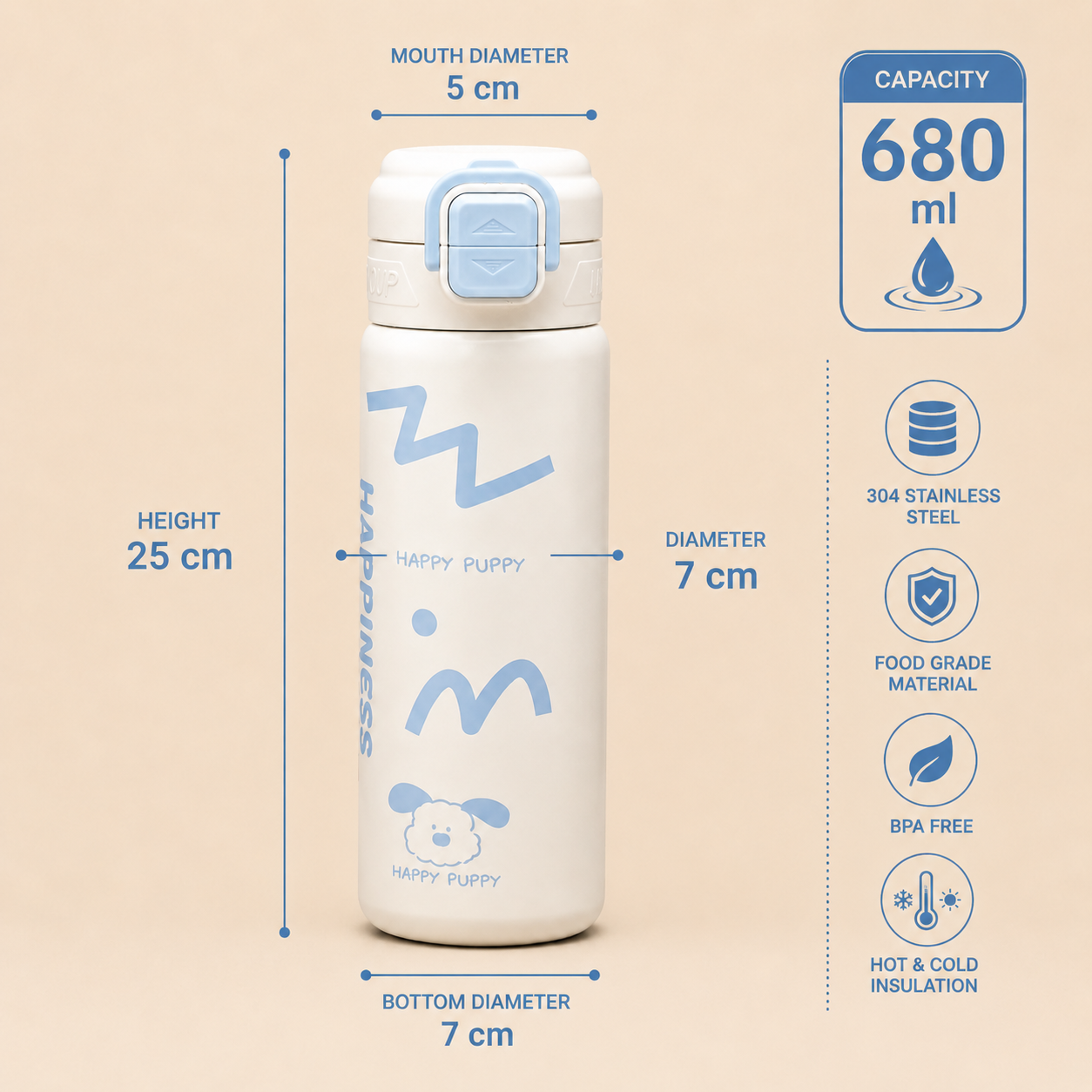 680ml Kids Stainless Steel Vacuum Insulated Water Bottle | Double Wall Thermos Flask | Leakproof One-Touch Lock Lid | BPA Free Food Grade Steel| Hot & Cold Insulated Bottle for School, Travel & Outdoor