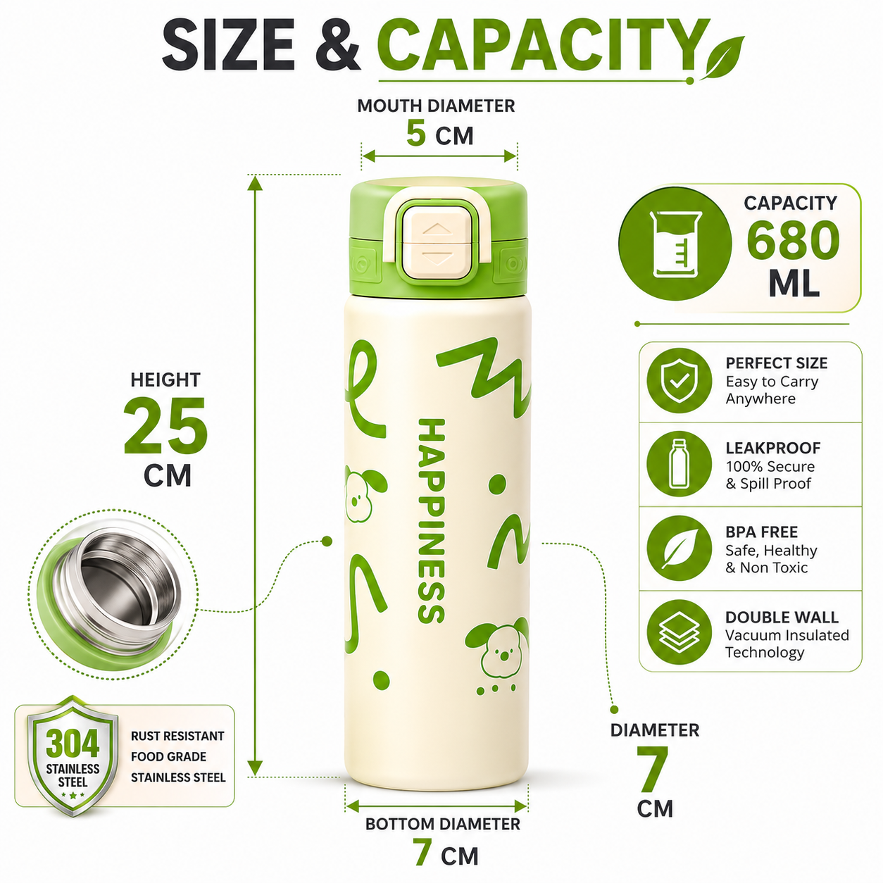 680ml Kids Stainless Steel Vacuum Insulated Water Bottle | Double Wall Thermos Flask | Leakproof One-Touch Lock Lid | BPA Free Food Grade Steel| Hot & Cold Insulated Bottle for School, Travel & Outdoor