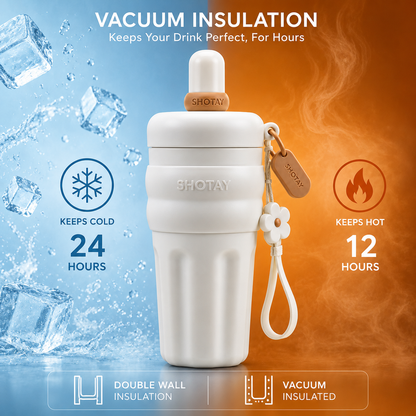 SHOTAY 600ml Double Wall Vacuum Insulated Stainless Steel Water Bottle with Silicone Sleeve, Straw Lid & Carry Loop | BPA-Free Leakproof Sports Flask for Office, School, Gym & Travel