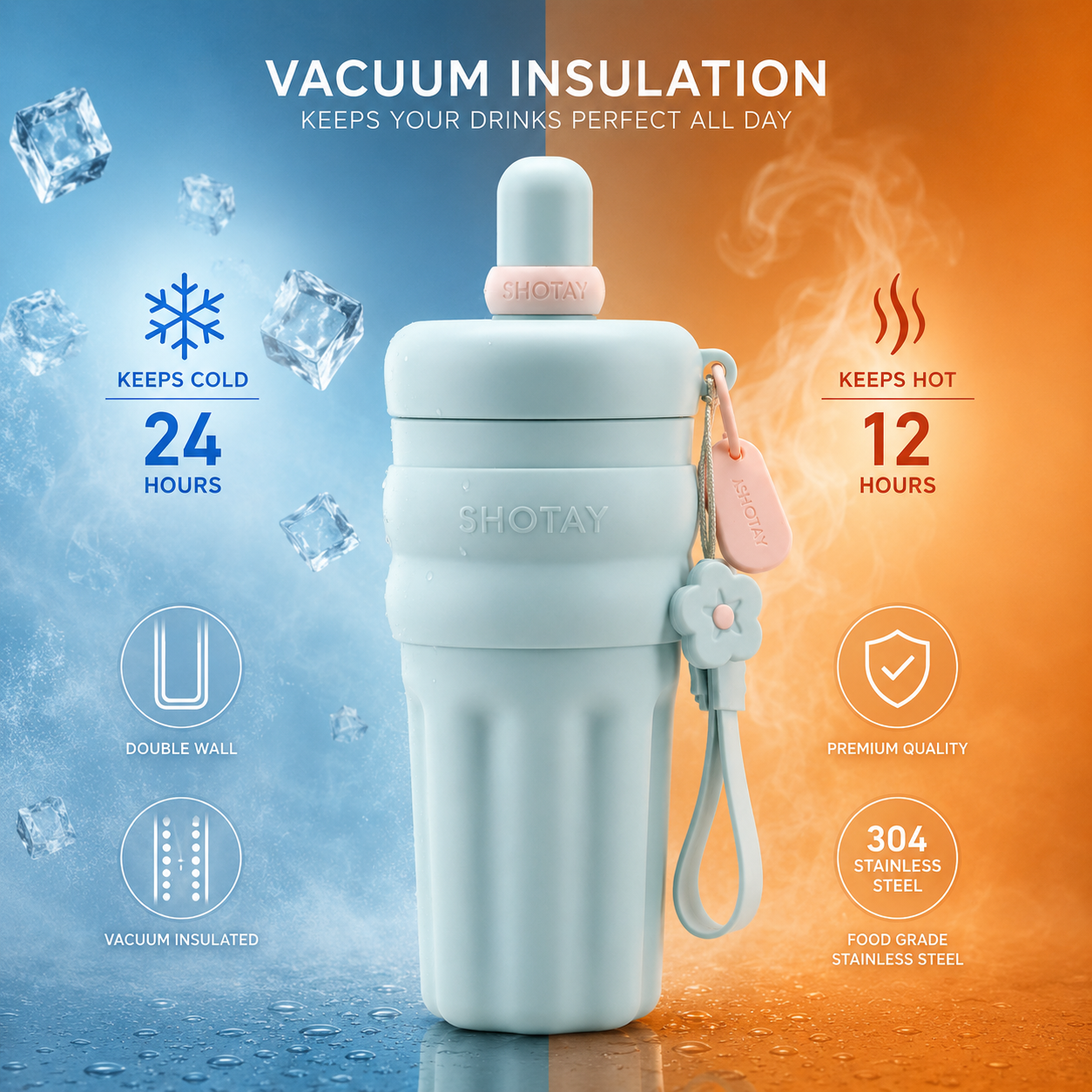SHOTAY 600ml Double Wall Vacuum Insulated Stainless Steel Water Bottle with Silicone Sleeve, Straw Lid & Carry Loop | BPA-Free Leakproof Sports Flask for Office, School, Gym & Travel