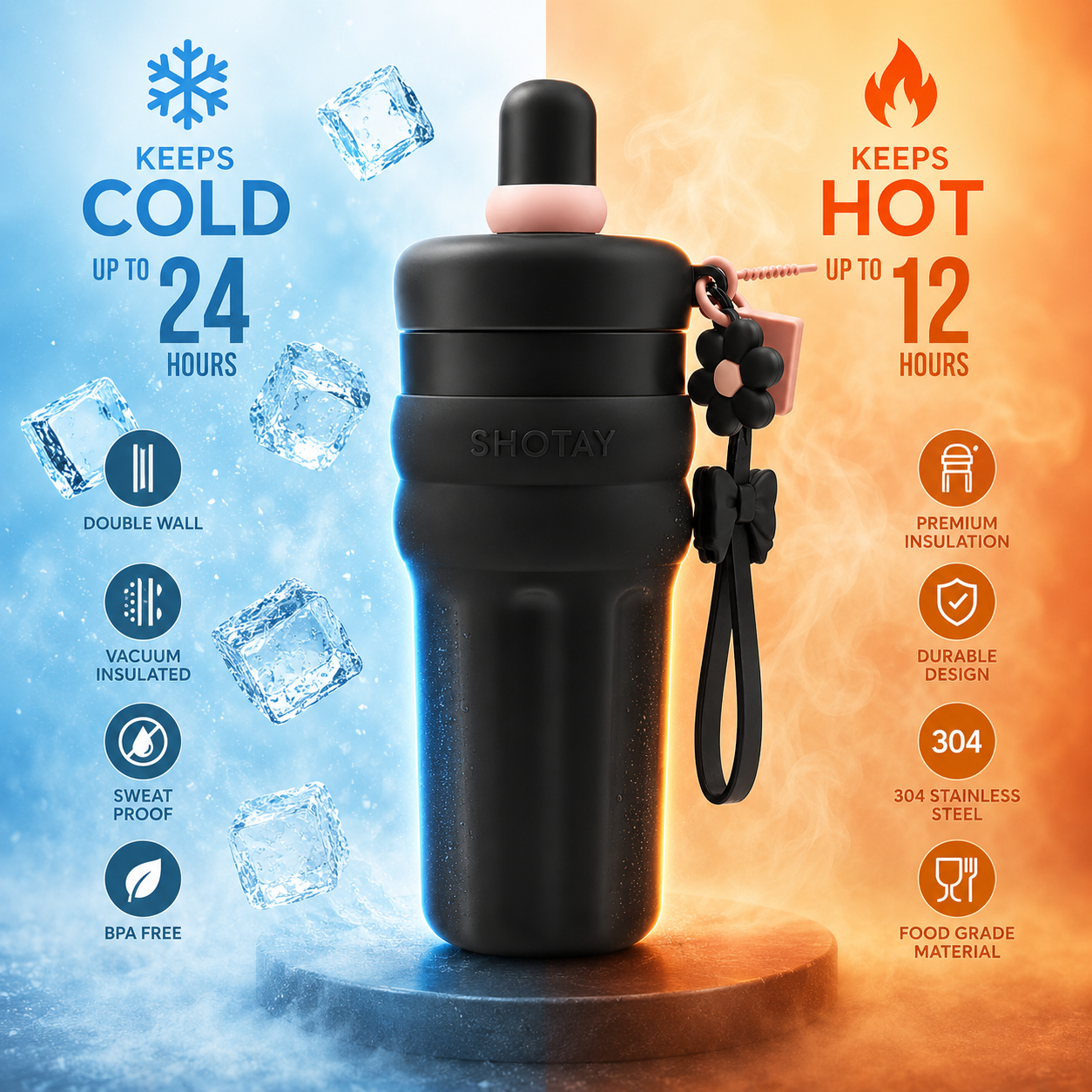 SHOTAY 600ml Double Wall Vacuum Insulated Stainless Steel Water Bottle with Silicone Sleeve, Straw Lid & Carry Loop | BPA-Free Leakproof Sports Flask for Office, School, Gym & Travel
