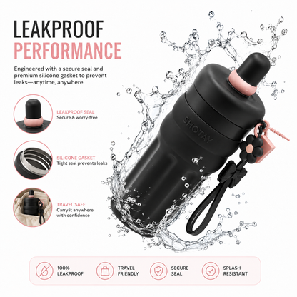 SHOTAY 600ml Double Wall Vacuum Insulated Stainless Steel Water Bottle with Silicone Sleeve, Straw Lid & Carry Loop | BPA-Free Leakproof Sports Flask for Office, School, Gym & Travel
