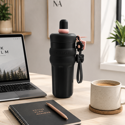 SHOTAY 600ml Double Wall Vacuum Insulated Stainless Steel Water Bottle with Silicone Sleeve, Straw Lid & Carry Loop | BPA-Free Leakproof Sports Flask for Office, School, Gym & Travel