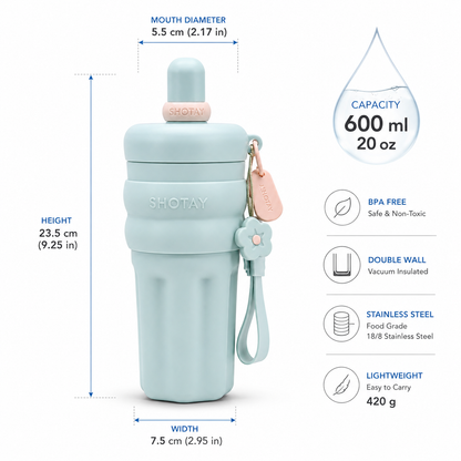 SHOTAY 600ml Double Wall Vacuum Insulated Stainless Steel Water Bottle with Silicone Sleeve, Straw Lid & Carry Loop | BPA-Free Leakproof Sports Flask for Office, School, Gym & Travel