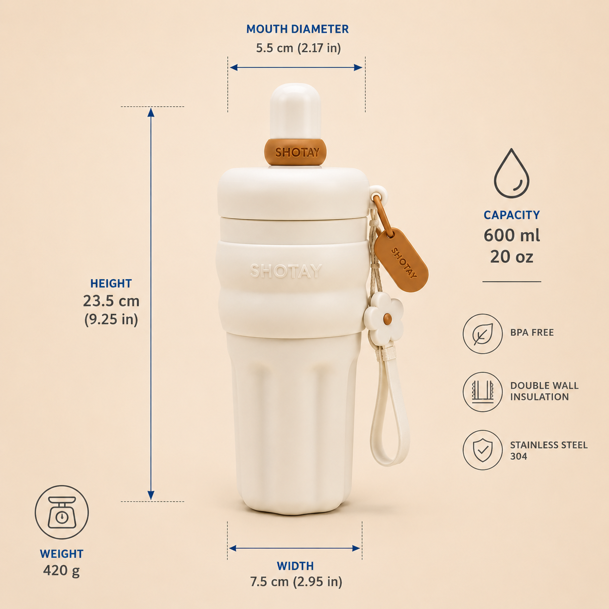 SHOTAY 600ml Double Wall Vacuum Insulated Stainless Steel Water Bottle with Silicone Sleeve, Straw Lid & Carry Loop | BPA-Free Leakproof Sports Flask for Office, School, Gym & Travel