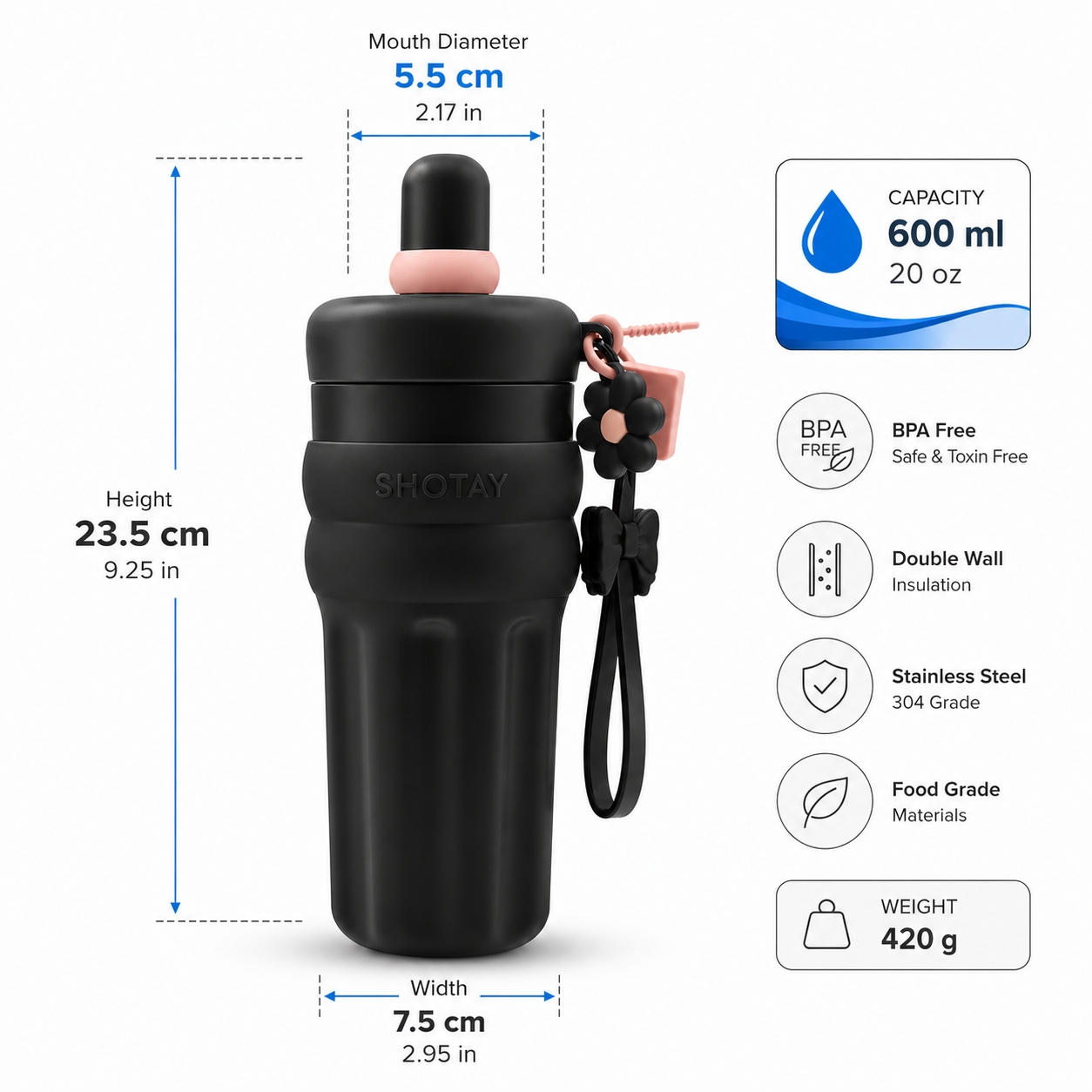 SHOTAY 600ml Double Wall Vacuum Insulated Stainless Steel Water Bottle with Silicone Sleeve, Straw Lid & Carry Loop | BPA-Free Leakproof Sports Flask for Office, School, Gym & Travel