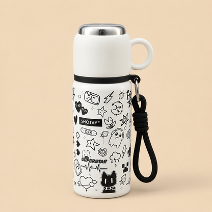 480ml Stainless Steel Vacuum Insulated Water Bottle with Cup | Double Wall Thermos Flask | Leakproof | BPA Free | Food Grade Steel | Hot & Cold Bottle for Kids, School, Office & Travel | White Cartoon Print