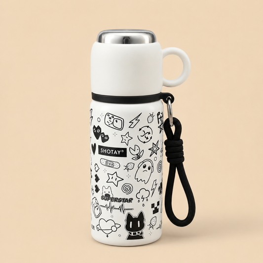 480ml Stainless Steel Vacuum Insulated Water Bottle with Cup | Double Wall Thermos Flask | Leakproof | BPA Free | Food Grade Steel | Hot & Cold Bottle for Kids, School, Office & Travel | White Cartoon Print