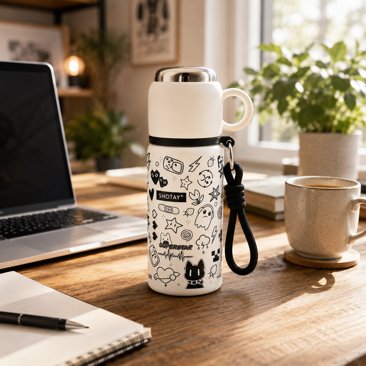 480ml Stainless Steel Vacuum Insulated Water Bottle with Cup | Double Wall Thermos Flask | Leakproof | BPA Free | Food Grade Steel | Hot & Cold Bottle for Kids, School, Office & Travel | White Cartoon Print