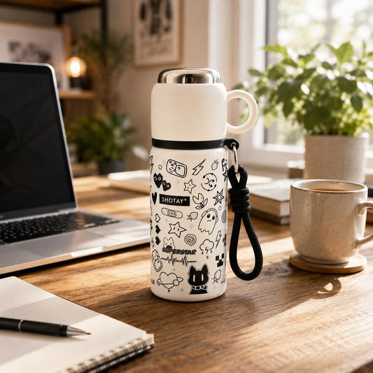 480ml Stainless Steel Vacuum Insulated Water Bottle with Cup | Double Wall Thermos Flask | Leakproof | BPA Free | Food Grade Steel | Hot & Cold Bottle for Kids, School, Office & Travel | White Cartoon Print