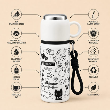 480ml Stainless Steel Vacuum Insulated Water Bottle with Cup | Double Wall Thermos Flask | Leakproof | BPA Free | Food Grade Steel | Hot & Cold Bottle for Kids, School, Office & Travel | White Cartoon Print