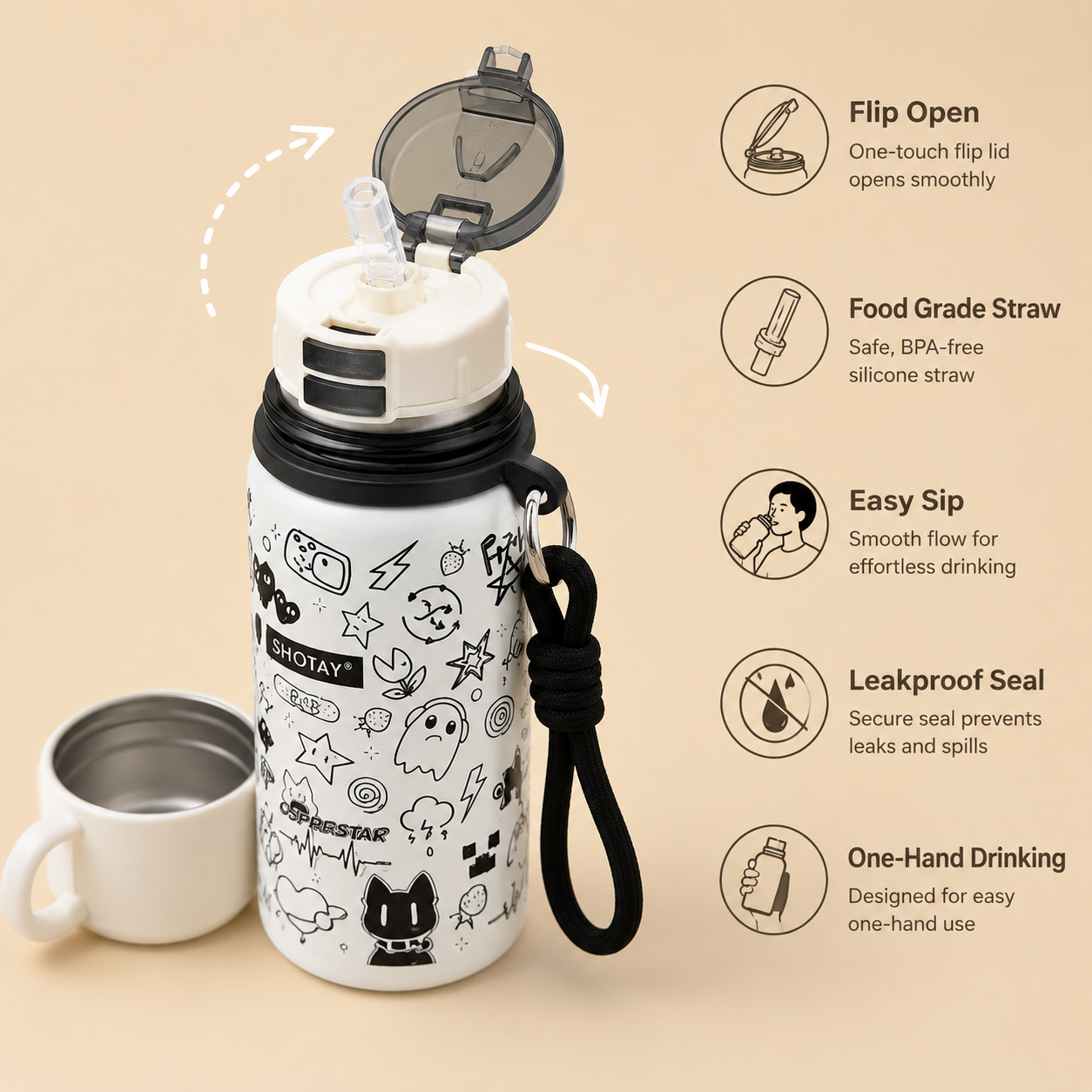 480ml Stainless Steel Vacuum Insulated Water Bottle with Cup | Double Wall Thermos Flask | Leakproof | BPA Free | Food Grade Steel | Hot & Cold Bottle for Kids, School, Office & Travel | White Cartoon Print