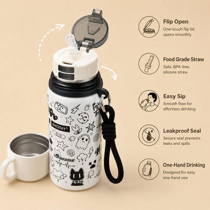 480ml Stainless Steel Vacuum Insulated Water Bottle with Cup | Double Wall Thermos Flask | Leakproof | BPA Free | Food Grade Steel | Hot & Cold Bottle for Kids, School, Office & Travel | White Cartoon Print