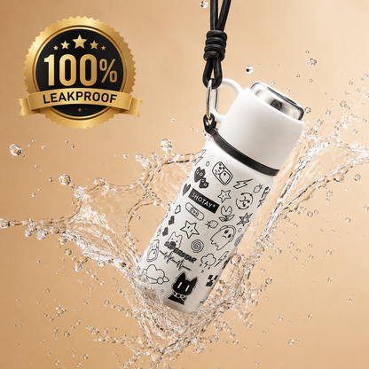 480ml Stainless Steel Vacuum Insulated Water Bottle with Cup | Double Wall Thermos Flask | Leakproof | BPA Free | Food Grade Steel | Hot & Cold Bottle for Kids, School, Office & Travel | White Cartoon Print
