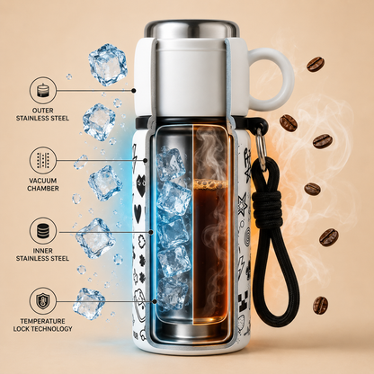 480ml Stainless Steel Vacuum Insulated Water Bottle with Cup | Double Wall Thermos Flask | Leakproof | BPA Free | Food Grade Steel | Hot & Cold Bottle for Kids, School, Office & Travel | White Cartoon Print