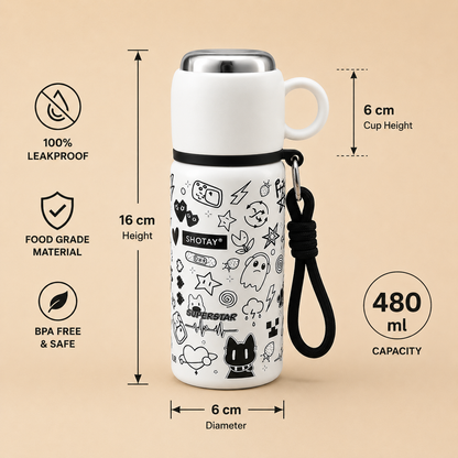 480ml Stainless Steel Vacuum Insulated Water Bottle with Cup | Double Wall Thermos Flask | Leakproof | BPA Free | Food Grade Steel | Hot & Cold Bottle for Kids, School, Office & Travel | White Cartoon Print