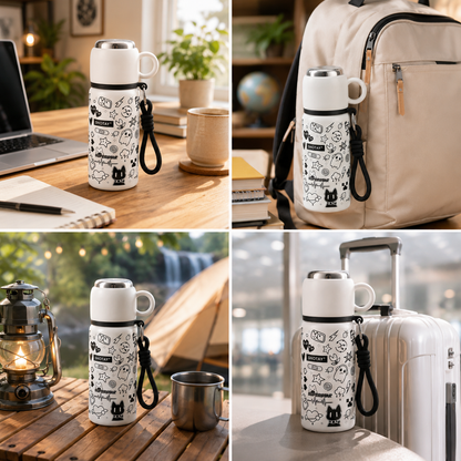 480ml Stainless Steel Vacuum Insulated Water Bottle with Cup | Double Wall Thermos Flask | Leakproof | BPA Free | Food Grade Steel | Hot & Cold Bottle for Kids, School, Office & Travel | White Cartoon Print