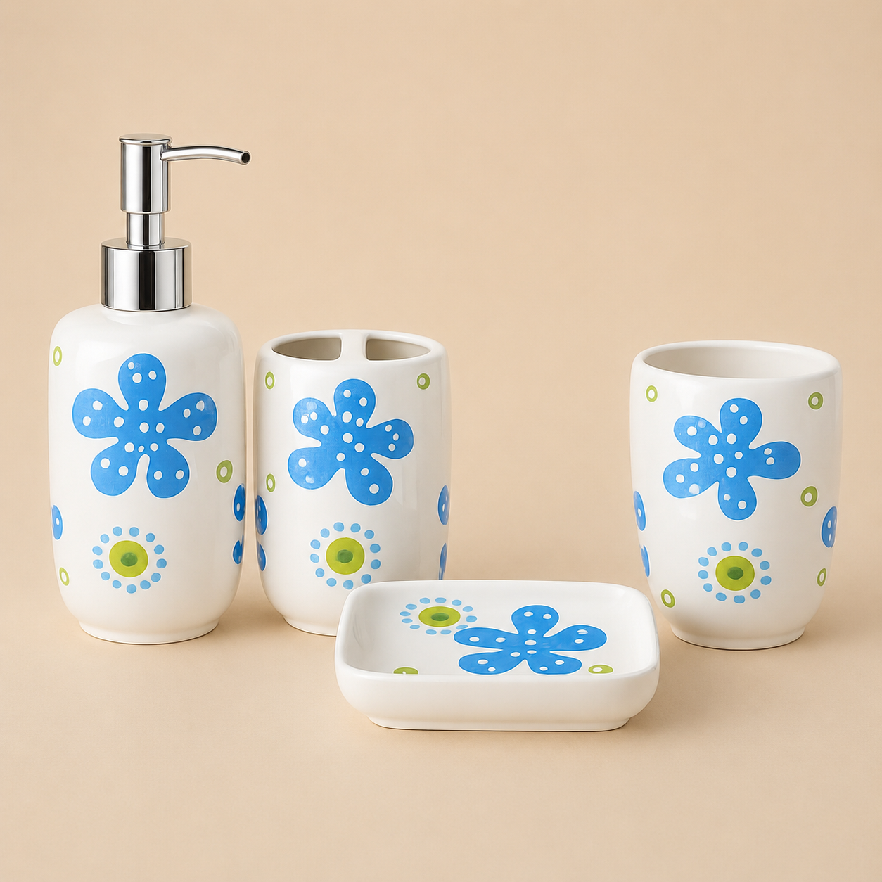Premium Ceramic Bathroom Accessories Set (4 Pieces) | Floral Printed Soap Dispenser, Toothbrush Holder, Tumbler & Soap Dish | Modern Bathroom Organizer Set
