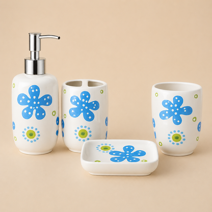 Premium Ceramic Bathroom Accessories Set (4 Pieces) | Floral Printed Soap Dispenser, Toothbrush Holder, Tumbler & Soap Dish | Modern Bathroom Organizer Set