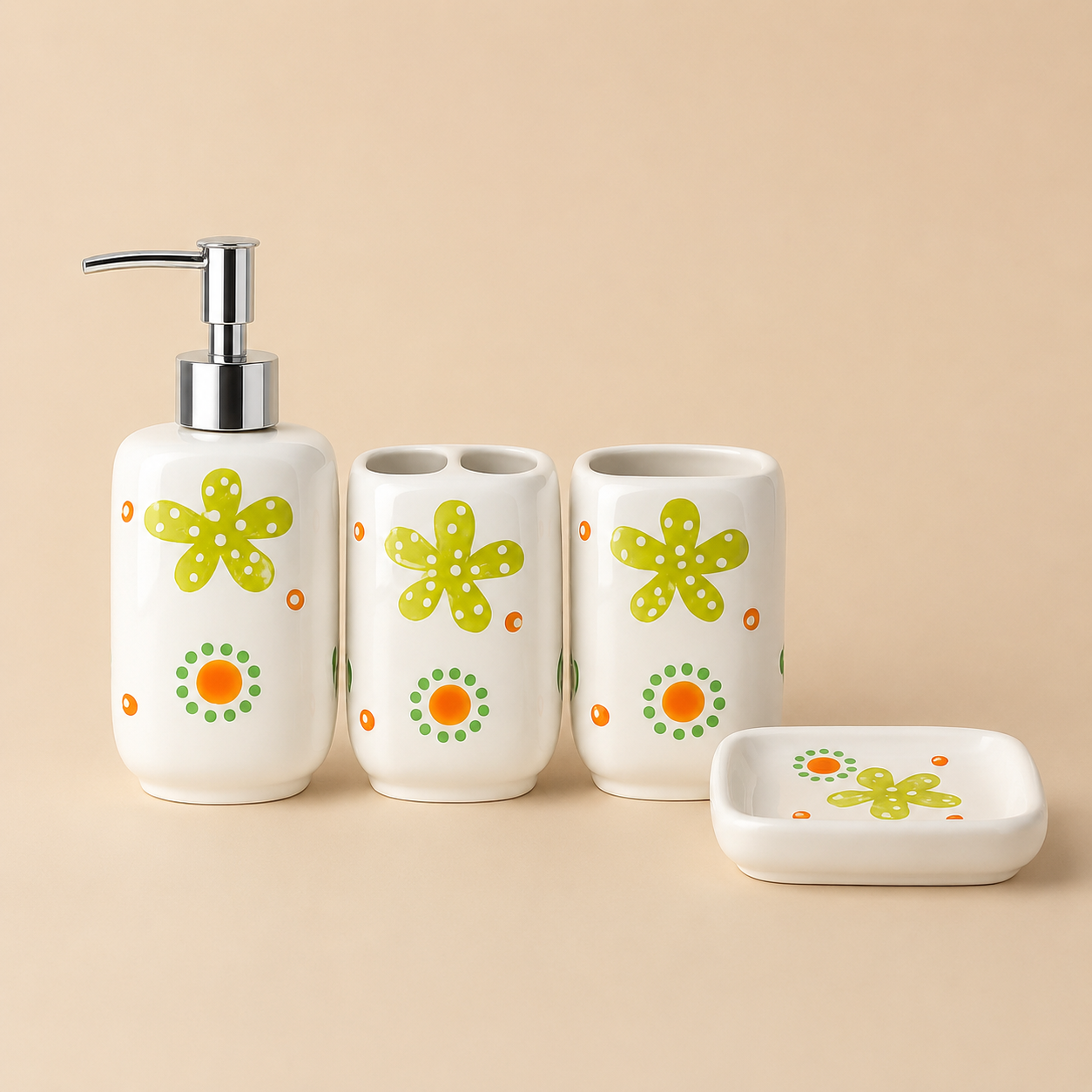Premium Ceramic Bathroom Accessories Set (4 Pieces) | Floral Printed Soap Dispenser, Toothbrush Holder, Tumbler & Soap Dish | Modern Bathroom Organizer Set