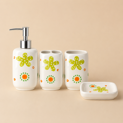 Premium Ceramic Bathroom Accessories Set (4 Pieces) | Floral Printed Soap Dispenser, Toothbrush Holder, Tumbler & Soap Dish | Modern Bathroom Organizer Set
