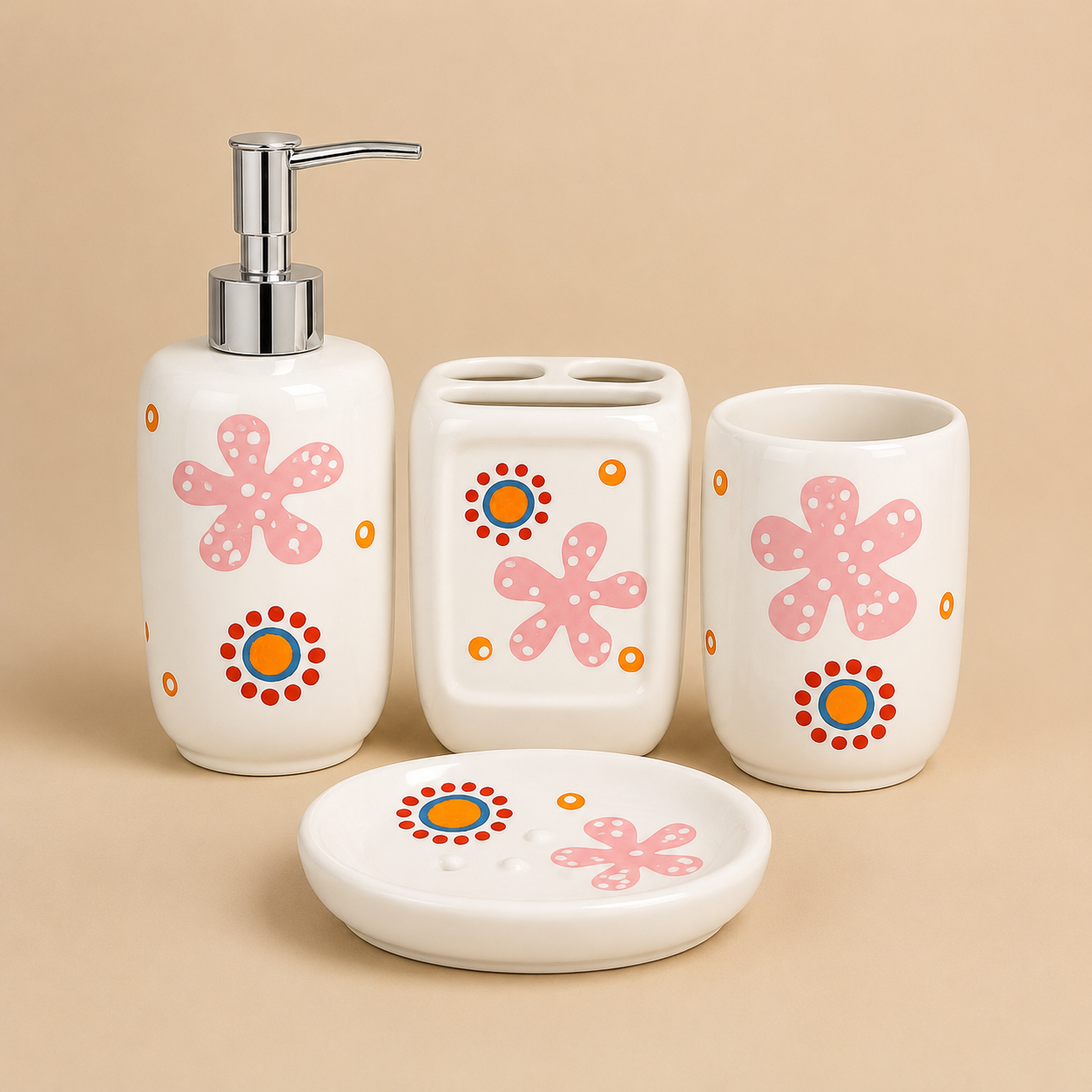 Premium Ceramic Bathroom Accessories Set (4 Pieces) | Floral Printed Soap Dispenser, Toothbrush Holder, Tumbler & Soap Dish | Modern Bathroom Organizer Set