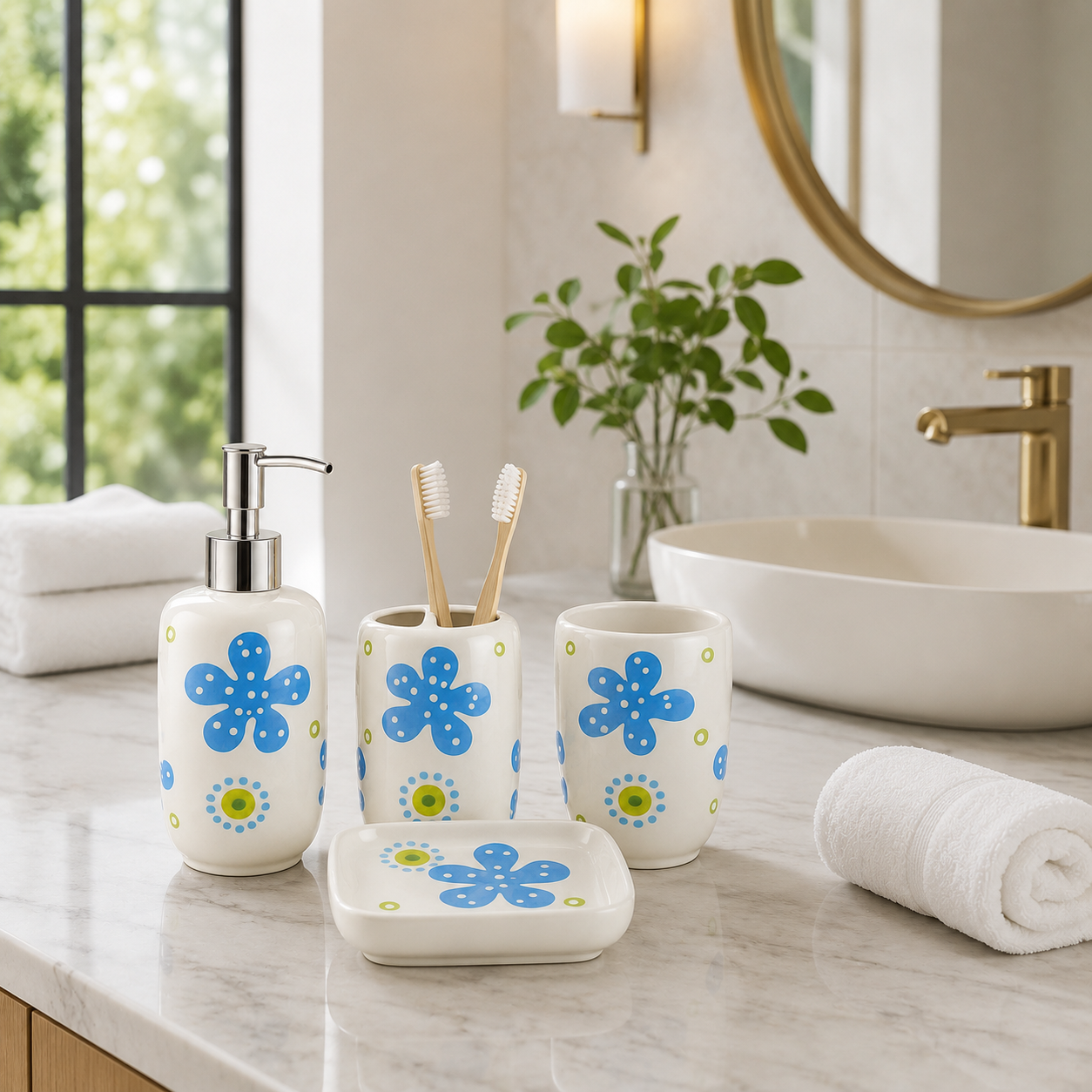 Premium Ceramic Bathroom Accessories Set (4 Pieces) | Floral Printed Soap Dispenser, Toothbrush Holder, Tumbler & Soap Dish | Modern Bathroom Organizer Set
