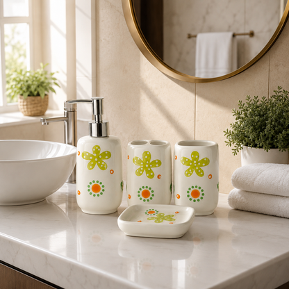 Premium Ceramic Bathroom Accessories Set (4 Pieces) | Floral Printed Soap Dispenser, Toothbrush Holder, Tumbler & Soap Dish | Modern Bathroom Organizer Set