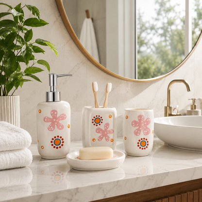Premium Ceramic Bathroom Accessories Set (4 Pieces) | Floral Printed Soap Dispenser, Toothbrush Holder, Tumbler & Soap Dish | Modern Bathroom Organizer Set