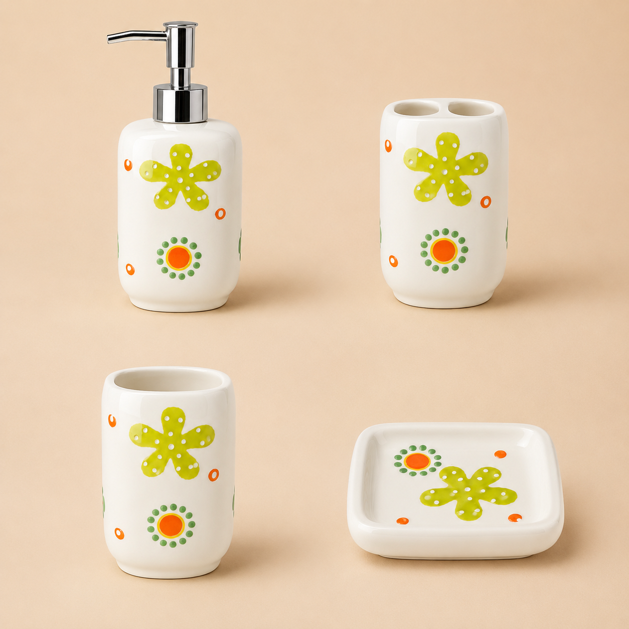 Premium Ceramic Bathroom Accessories Set (4 Pieces) | Floral Printed Soap Dispenser, Toothbrush Holder, Tumbler & Soap Dish | Modern Bathroom Organizer Set