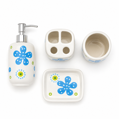 Premium Ceramic Bathroom Accessories Set (4 Pieces) | Floral Printed Soap Dispenser, Toothbrush Holder, Tumbler & Soap Dish | Modern Bathroom Organizer Set