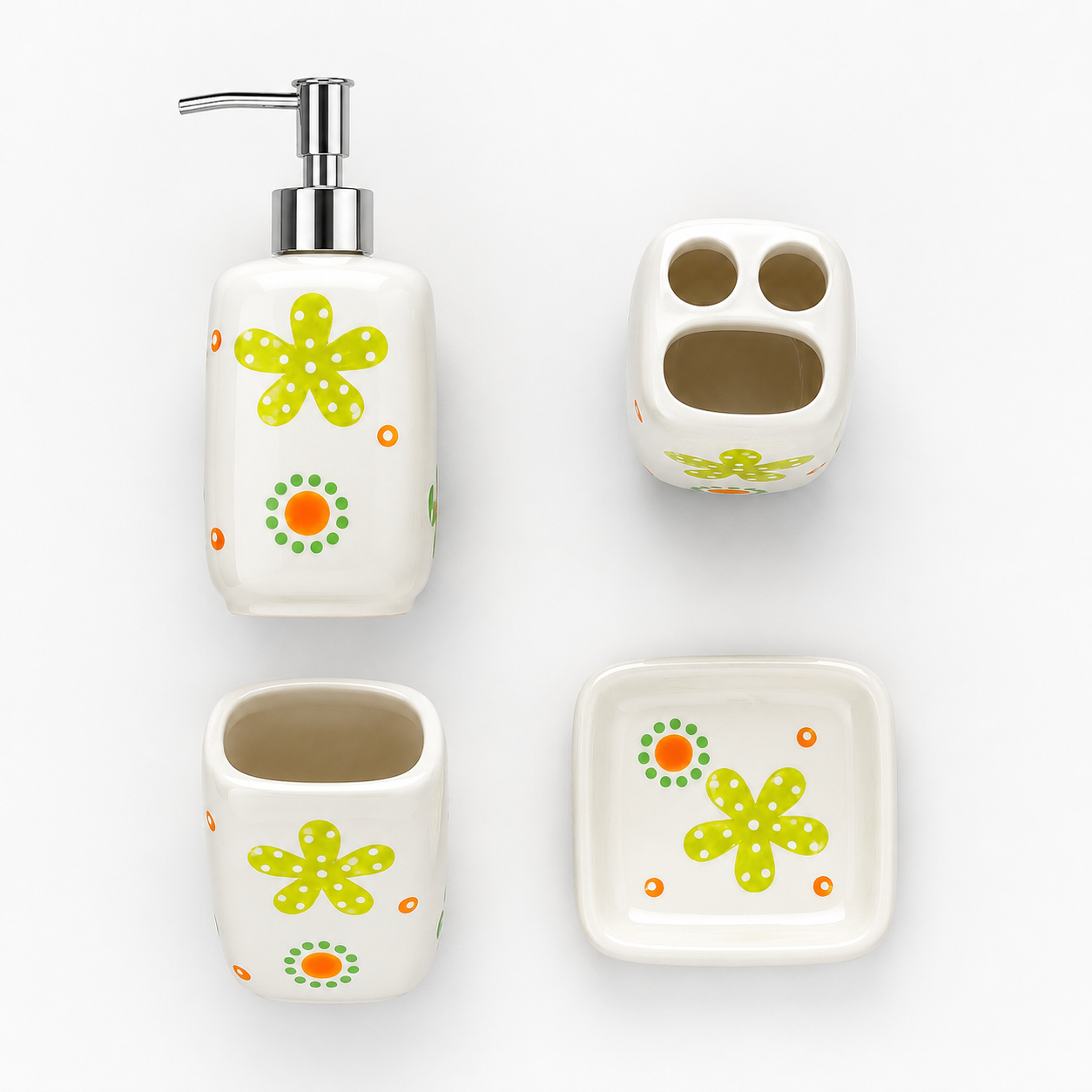 Premium Ceramic Bathroom Accessories Set (4 Pieces) | Floral Printed Soap Dispenser, Toothbrush Holder, Tumbler & Soap Dish | Modern Bathroom Organizer Set