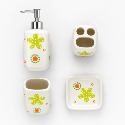 Premium Ceramic Bathroom Accessories Set (4 Pieces) | Floral Printed Soap Dispenser, Toothbrush Holder, Tumbler & Soap Dish | Modern Bathroom Organizer Set