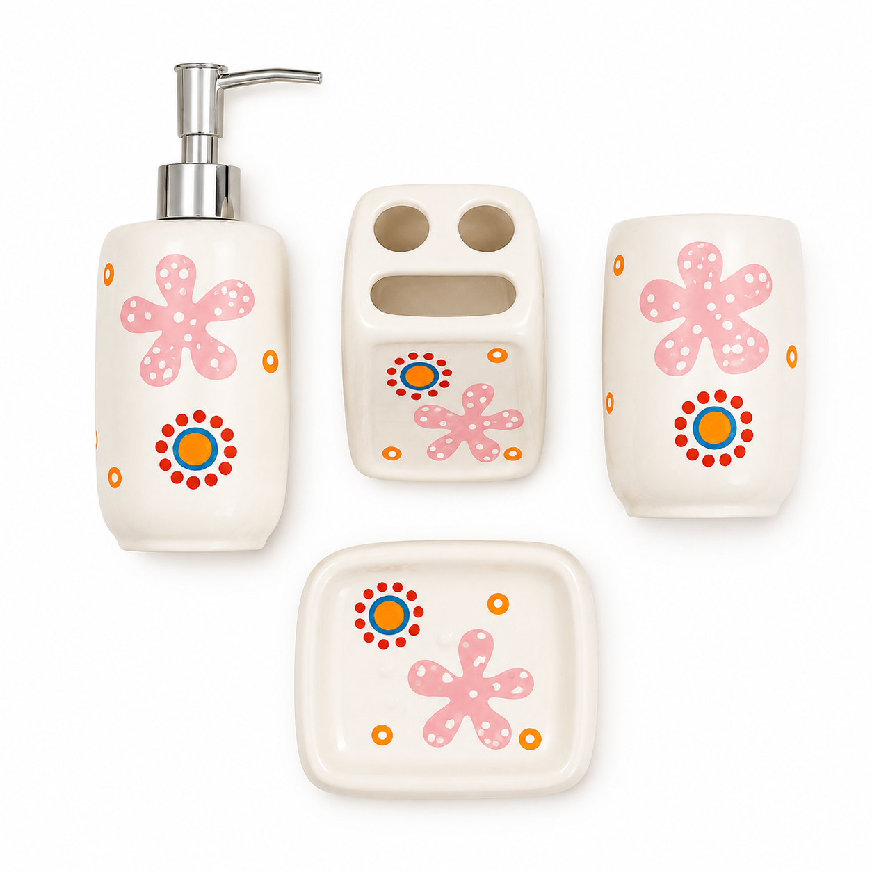 Premium Ceramic Bathroom Accessories Set (4 Pieces) | Floral Printed Soap Dispenser, Toothbrush Holder, Tumbler & Soap Dish | Modern Bathroom Organizer Set