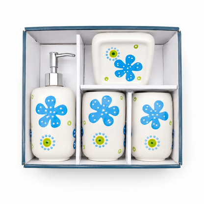 Premium Ceramic Bathroom Accessories Set (4 Pieces) | Floral Printed Soap Dispenser, Toothbrush Holder, Tumbler & Soap Dish | Modern Bathroom Organizer Set