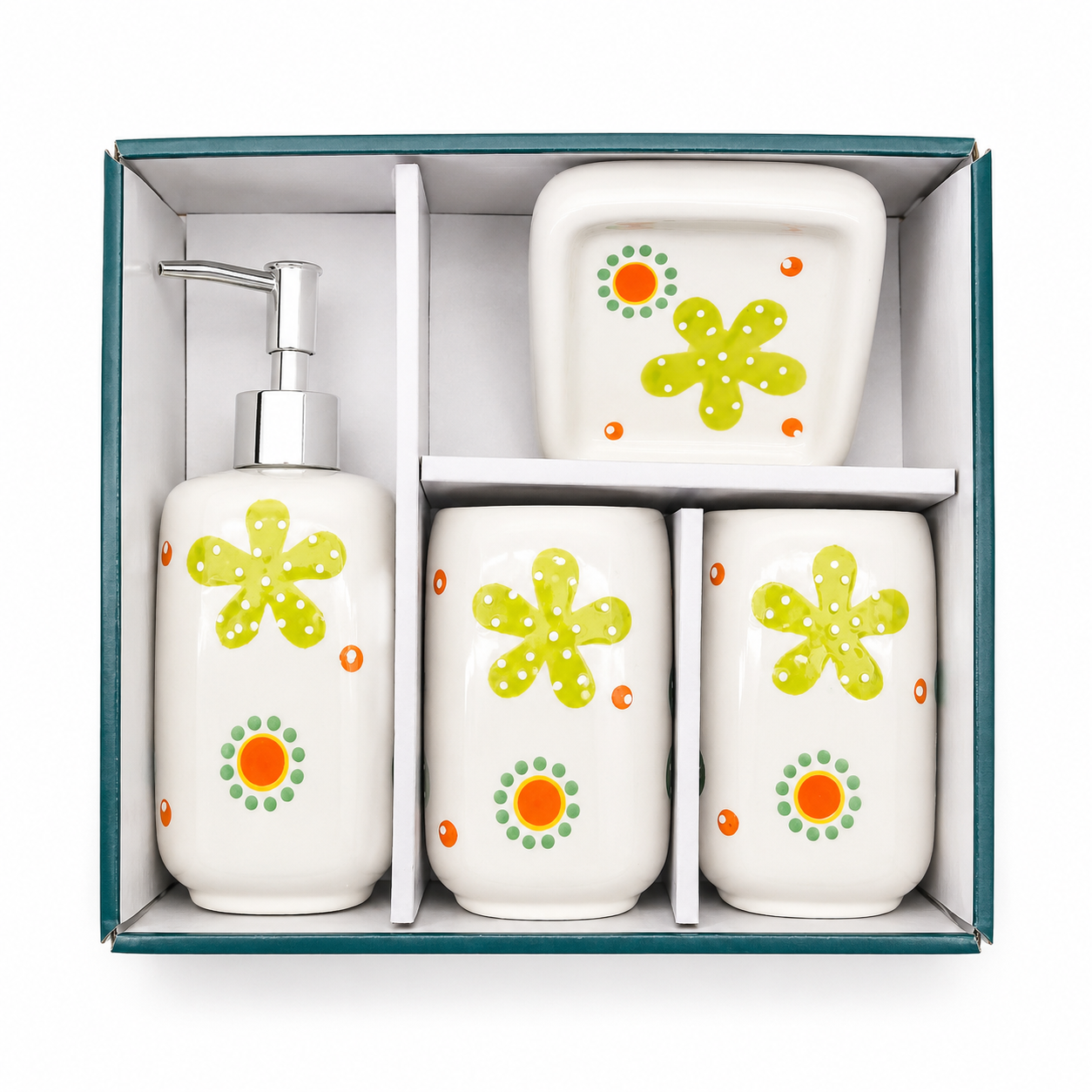 Premium Ceramic Bathroom Accessories Set (4 Pieces) | Floral Printed Soap Dispenser, Toothbrush Holder, Tumbler & Soap Dish | Modern Bathroom Organizer Set