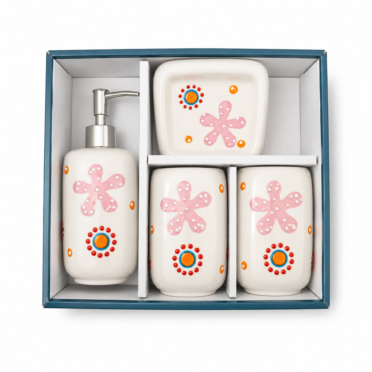 Premium Ceramic Bathroom Accessories Set (4 Pieces) | Floral Printed Soap Dispenser, Toothbrush Holder, Tumbler & Soap Dish | Modern Bathroom Organizer Set