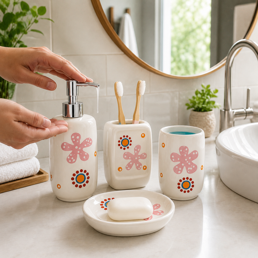 Premium Ceramic Bathroom Accessories Set (4 Pieces) | Floral Printed Soap Dispenser, Toothbrush Holder, Tumbler & Soap Dish | Modern Bathroom Organizer Set