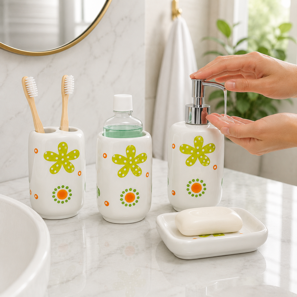 Premium Ceramic Bathroom Accessories Set (4 Pieces) | Floral Printed Soap Dispenser, Toothbrush Holder, Tumbler & Soap Dish | Modern Bathroom Organizer Set