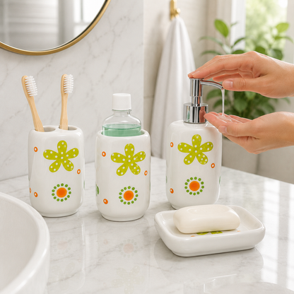 Premium Ceramic Bathroom Accessories Set (4 Pieces) | Floral Printed Soap Dispenser, Toothbrush Holder, Tumbler & Soap Dish | Modern Bathroom Organizer Set