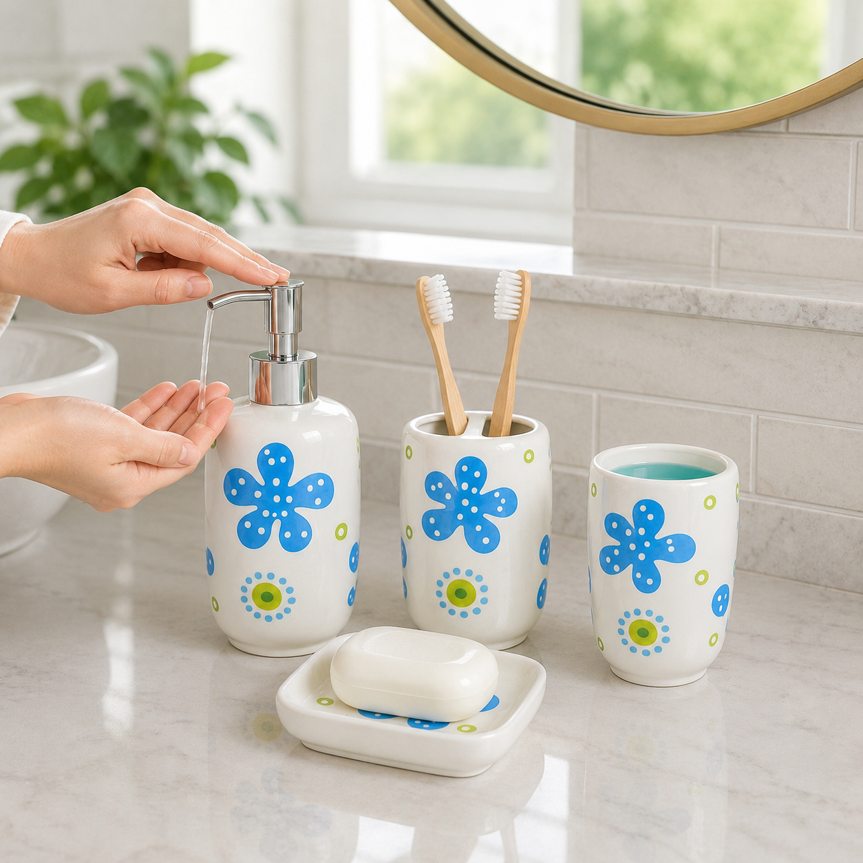 Premium Ceramic Bathroom Accessories Set (4 Pieces) | Floral Printed Soap Dispenser, Toothbrush Holder, Tumbler & Soap Dish | Modern Bathroom Organizer Set