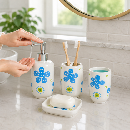 Premium Ceramic Bathroom Accessories Set (4 Pieces) | Floral Printed Soap Dispenser, Toothbrush Holder, Tumbler & Soap Dish | Modern Bathroom Organizer Set