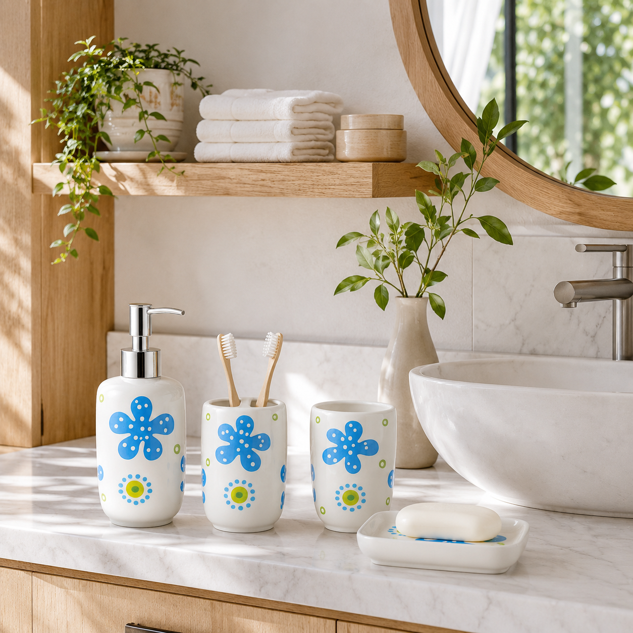 Premium Ceramic Bathroom Accessories Set (4 Pieces) | Floral Printed Soap Dispenser, Toothbrush Holder, Tumbler & Soap Dish | Modern Bathroom Organizer Set