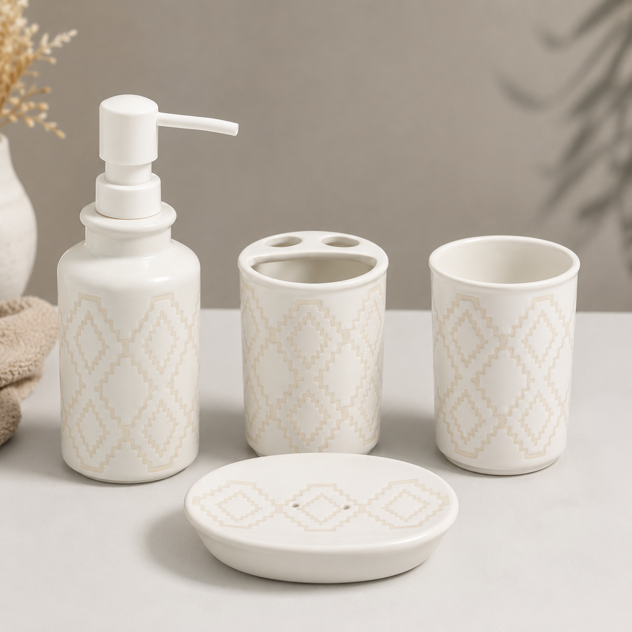 4-Piece Premium Ceramic Bathroom Accessories Set | Soap Dispenser, Soap Dish, Toothbrush Holder & Tumbler | Modern Bathroom Organizer | Matte Finish | Decorative Bathroom Set