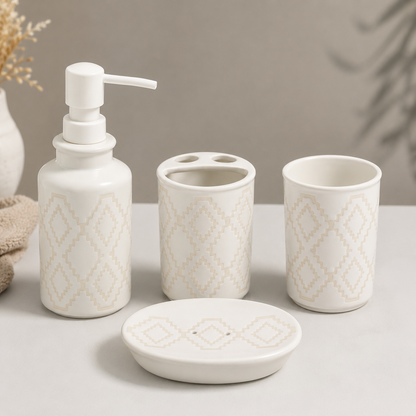 4-Piece Premium Ceramic Bathroom Accessories Set | Soap Dispenser, Soap Dish, Toothbrush Holder & Tumbler | Modern Bathroom Organizer | Matte Finish | Decorative Bathroom Set
