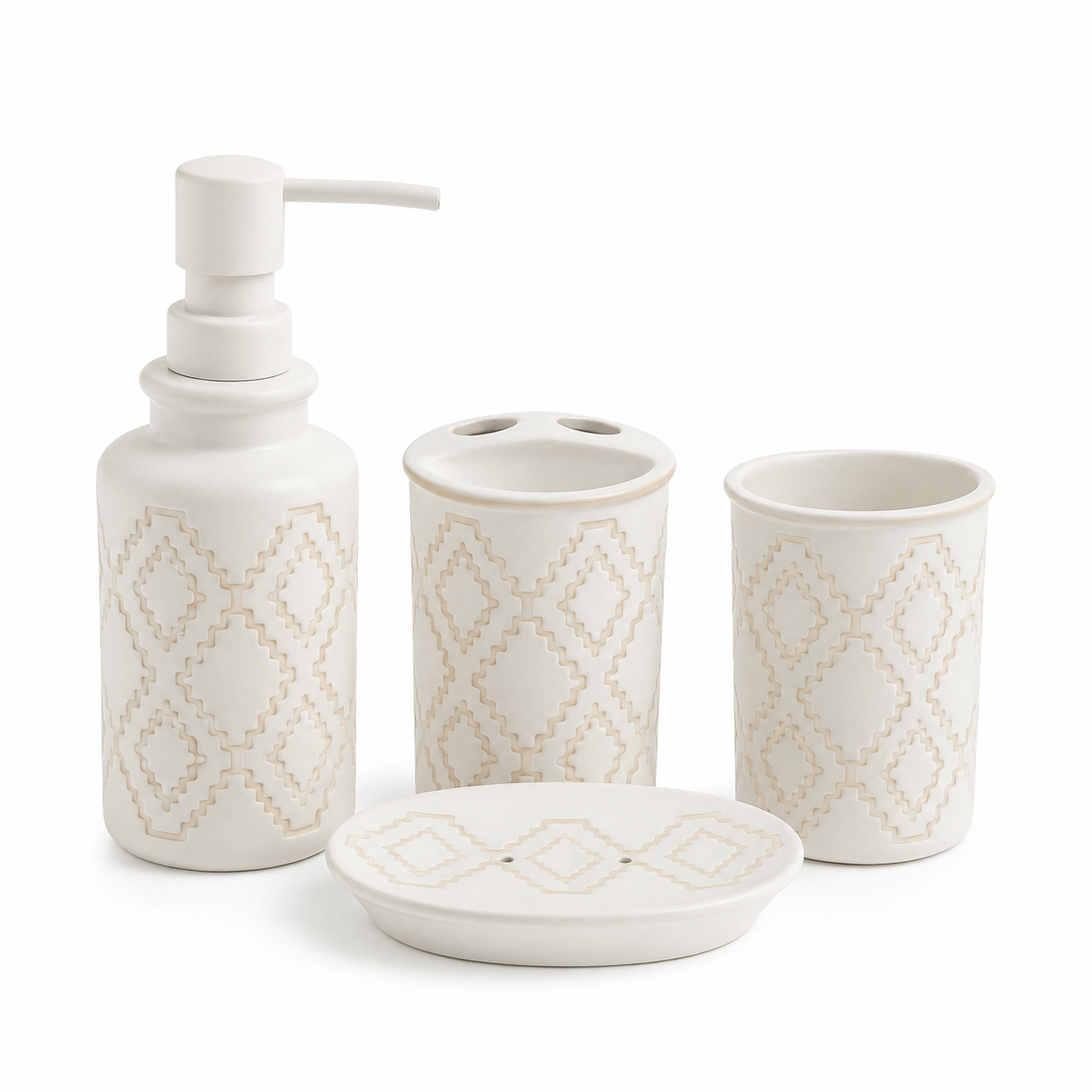 4-Piece Premium Ceramic Bathroom Accessories Set | Soap Dispenser, Soap Dish, Toothbrush Holder & Tumbler | Modern Bathroom Organizer | Matte Finish | Decorative Bathroom Set